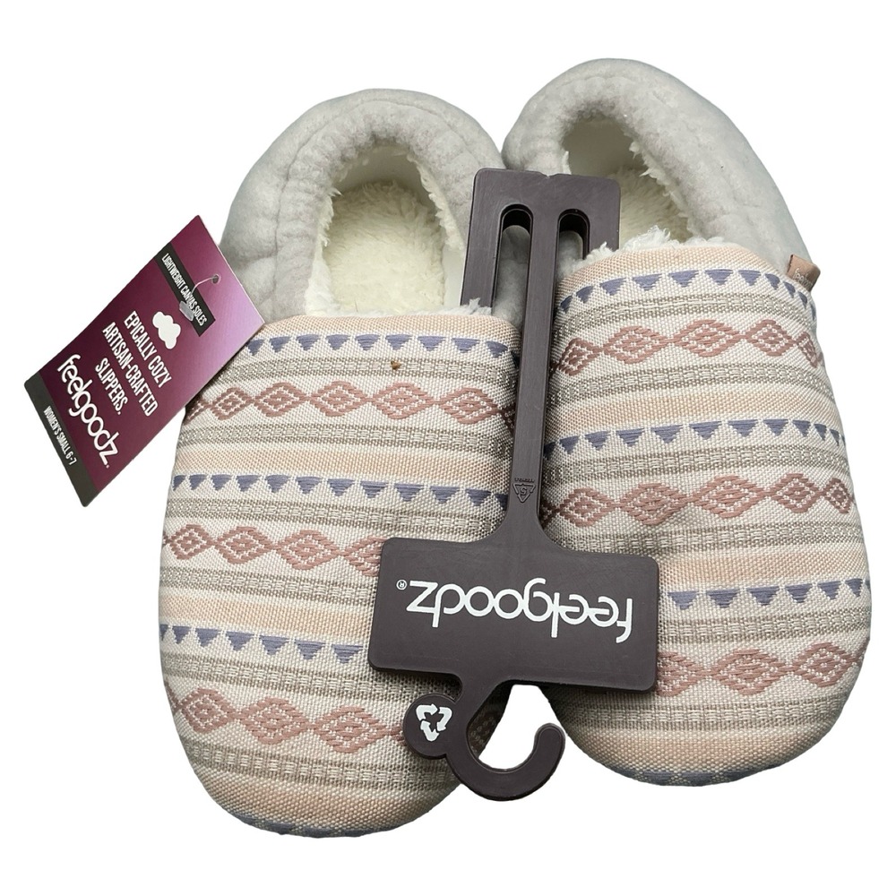 Feelgoodz Artisan Crafted Canvas Slippers Womens Small 6-7 Cream Pink Blue